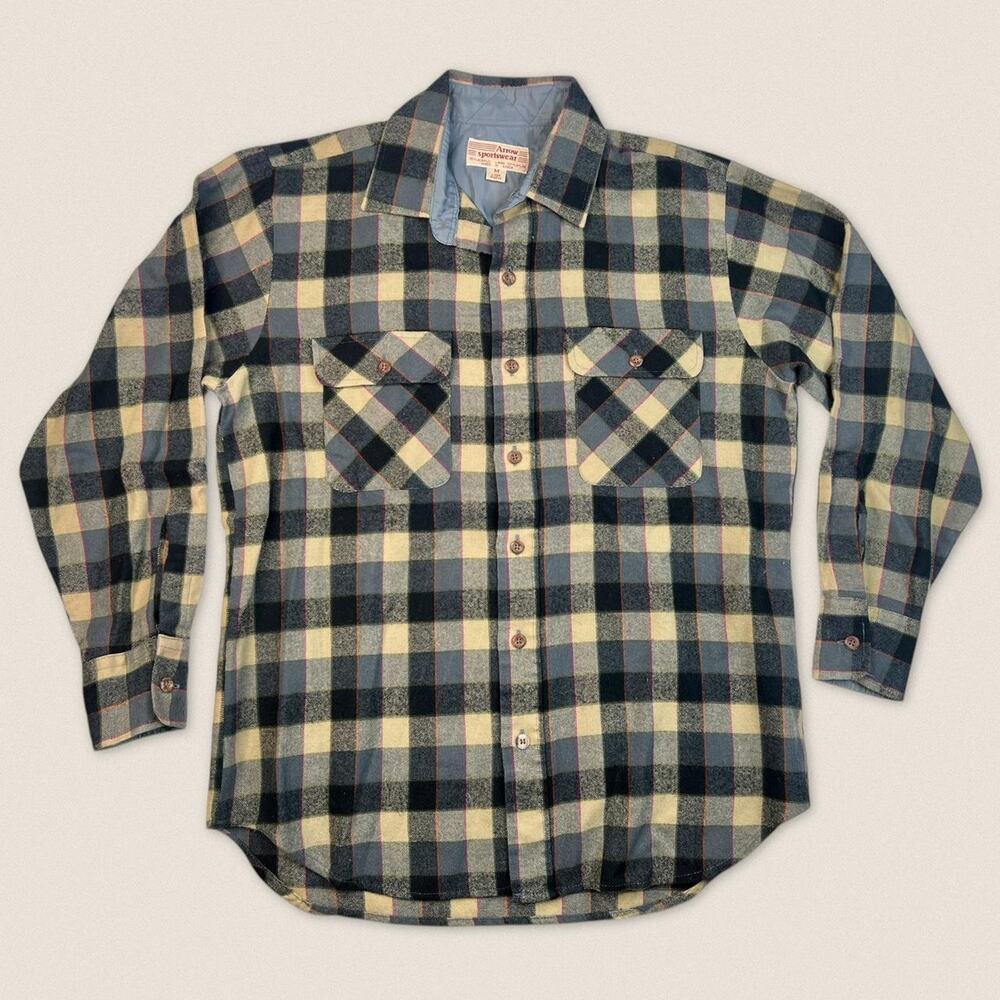 Vintage 90s Plaid Flannel‎ Blue Gray Tan Arrow Sportswear Size Medium